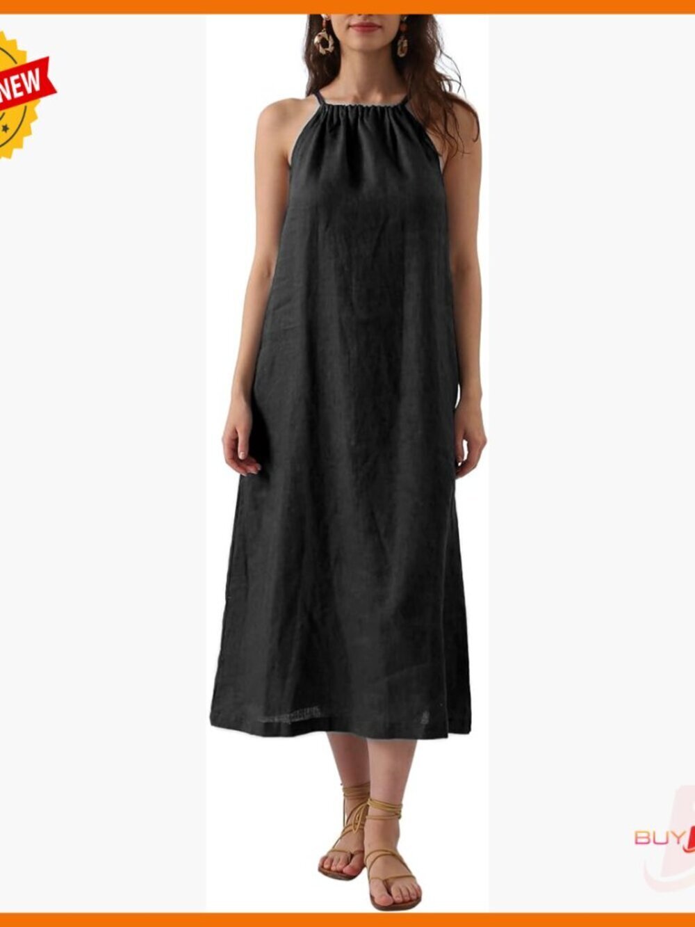 Linen Halter Maxi Dress with Belt and Pockets, Sleeveless Tie Back